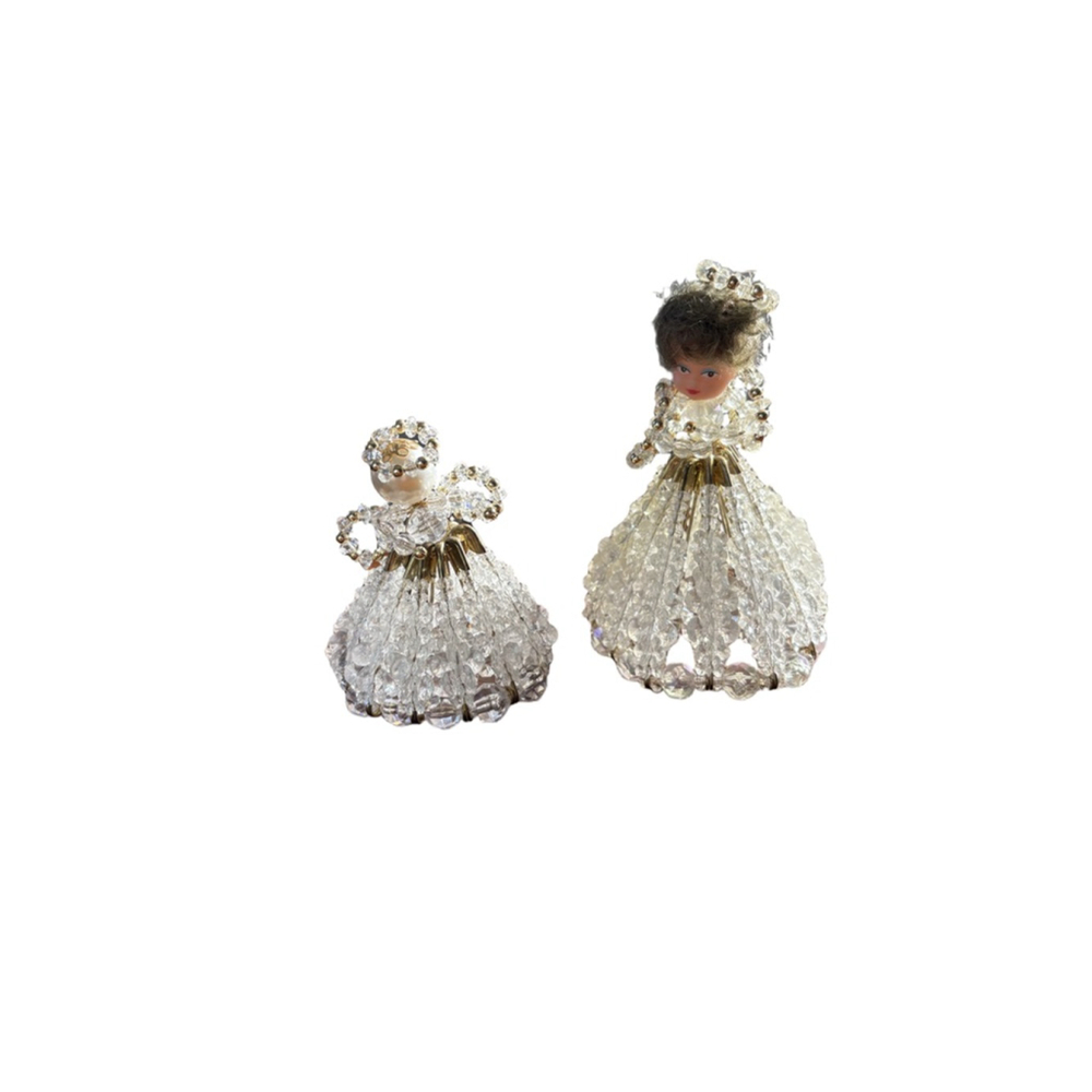 Vintage Y2K Holiday Decor Clear Gold Beaded Angel Figurines One Size